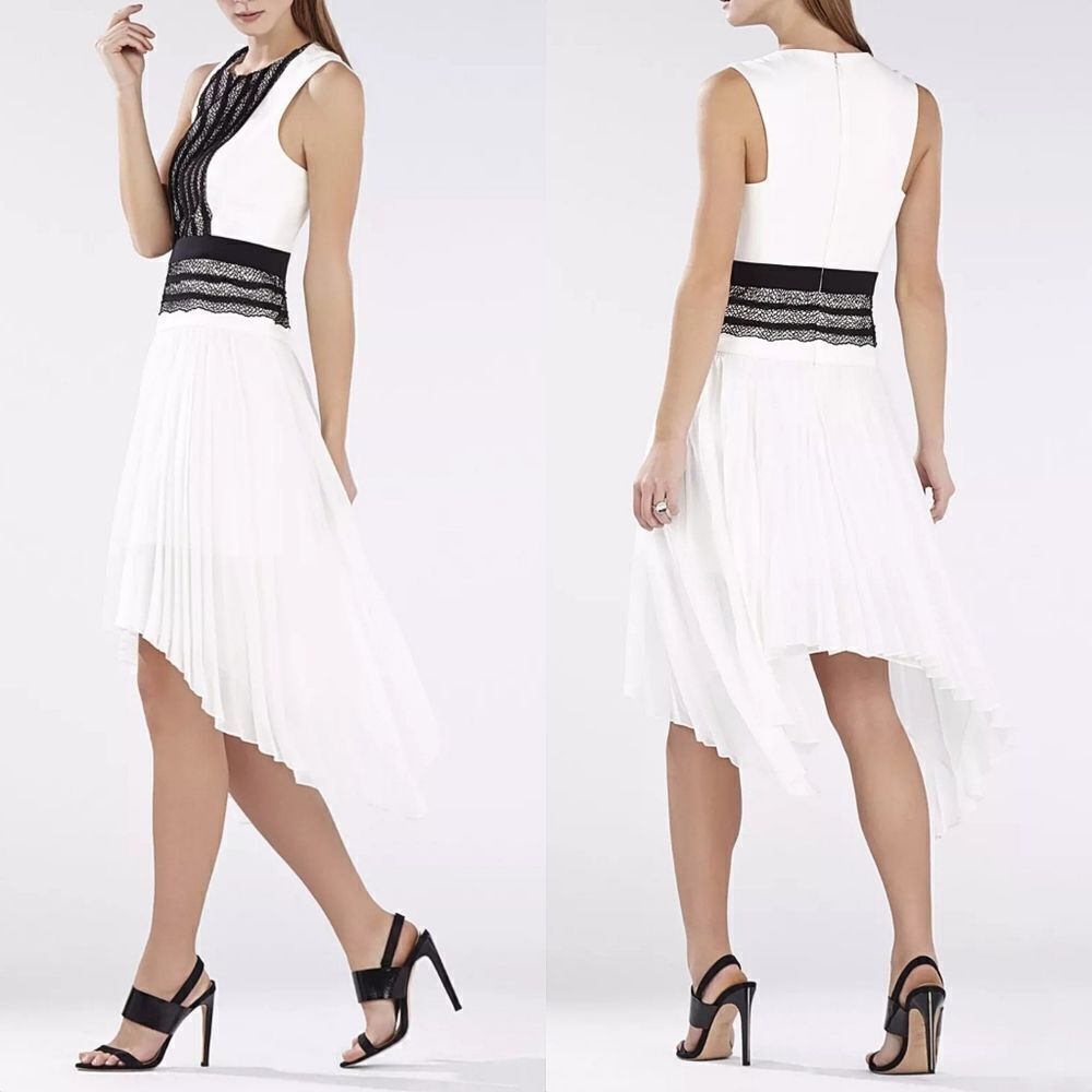 BCBGMAXAZRIA Adelyn Pleated Lace Sleeveless Hi Low Dress in White & Black